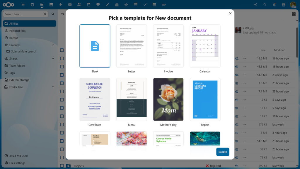 Nextcloud Hub 25 Autumn: New document templates modal